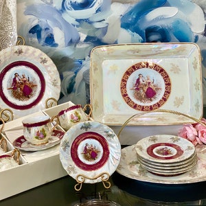 Victorian Fragonard Plates Courting Couple Sevres Neoclassical Art Rococo Porcelain Lusterware White Colonial Serving Platter Renaissance