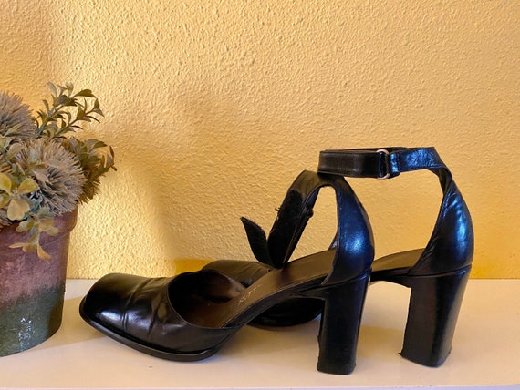 Two Lips Ankle Strap Pump Black Leather Vintage 1990s Square Toe