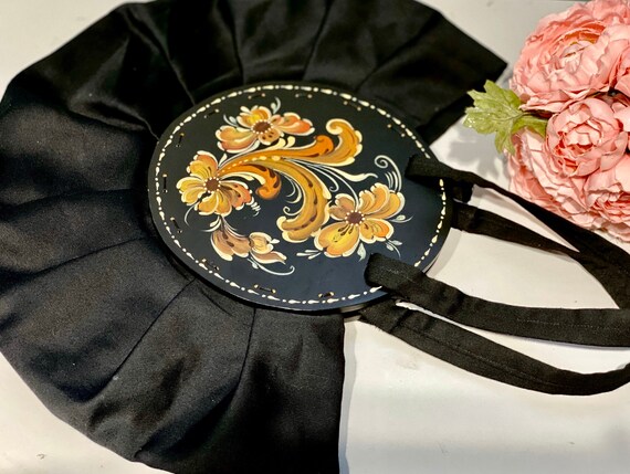 Norwegian Art Black Fabric Handbag Wooden Floral … - image 5