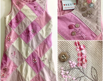 Lilac Pastel Pink Corduroy Jumper Dress Patchwork Toddler Girl Organic Retro Cotton Sequin Flower Embroidered Button Baby Summer Beach Party