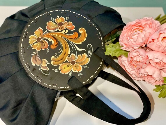 Norwegian Art Black Fabric Handbag Wooden Floral … - image 3