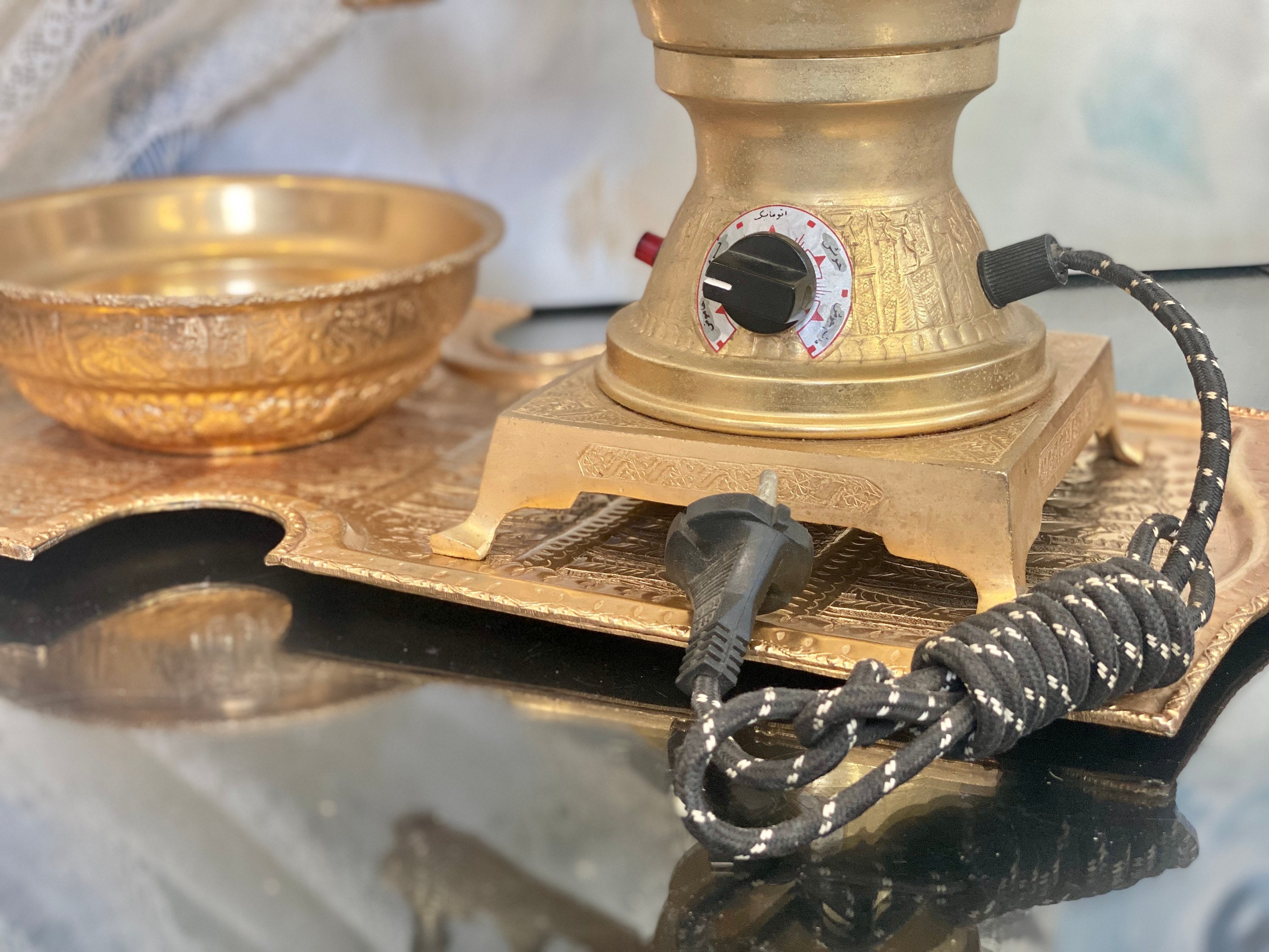 Antique Gold Brass Samovar Tray Bowl Persian Tea Serving Ancient