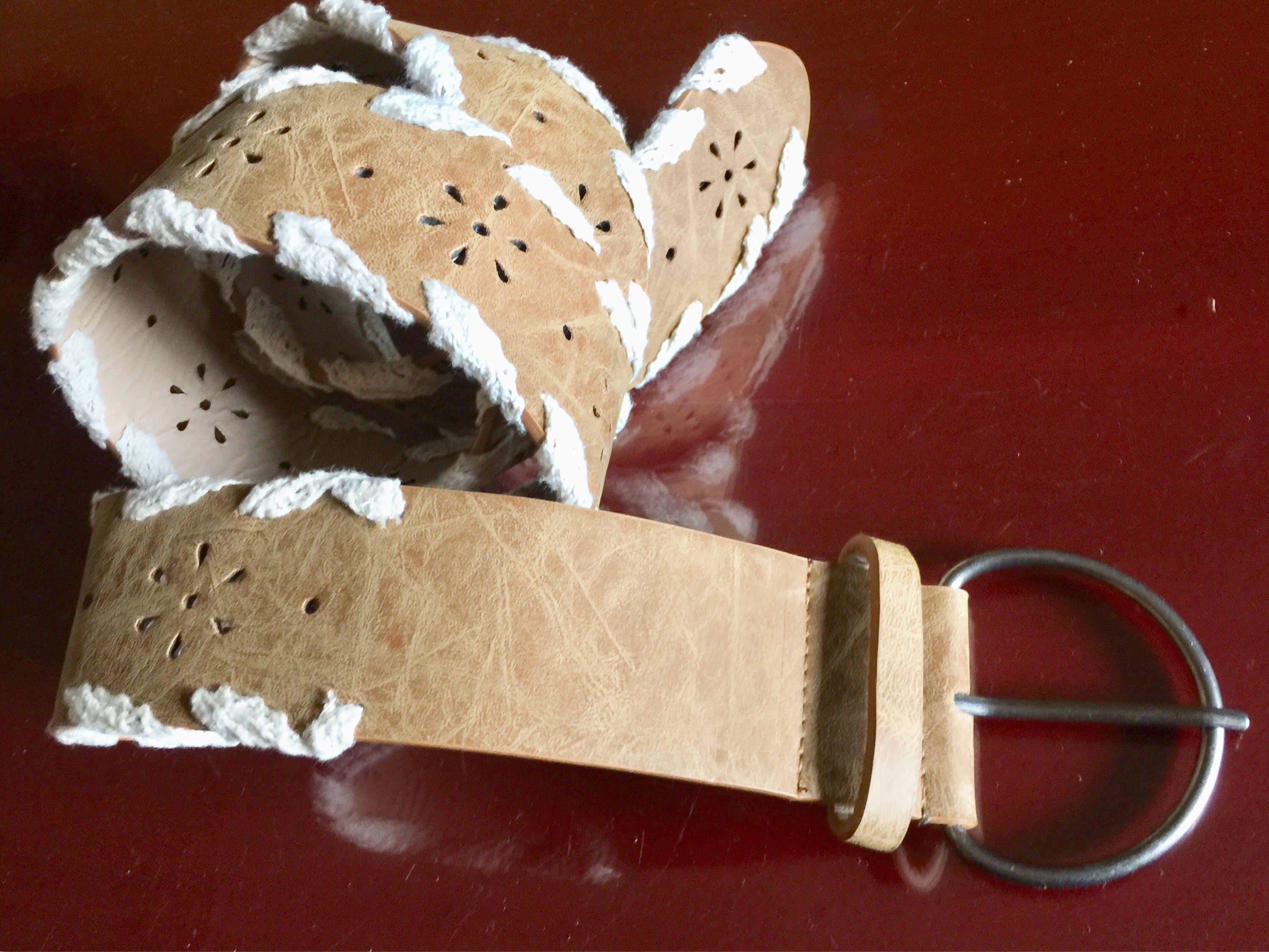 Light Brown Belt Leather Floral Laser Cut Lace Crochet Tan 