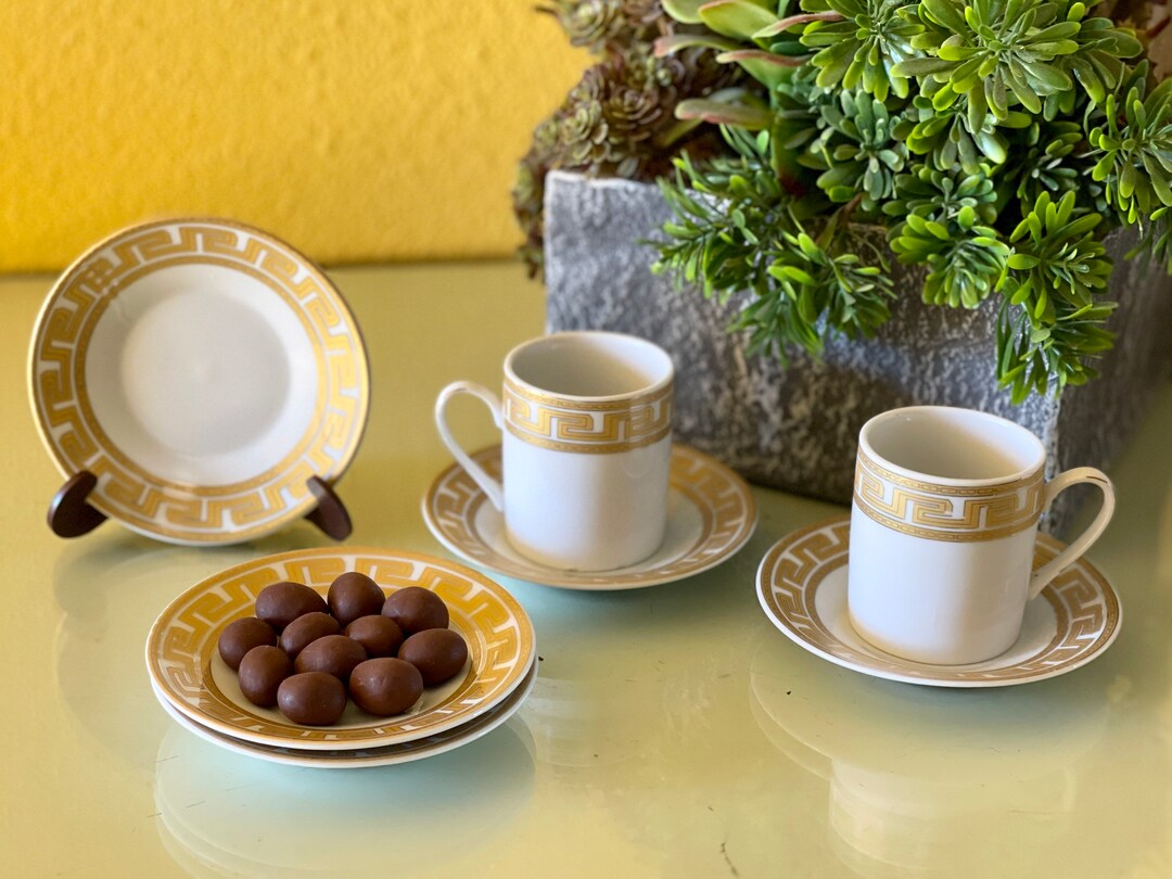 French Espresso Set Gold Greek Key Demitasse Serving Coffee Cups