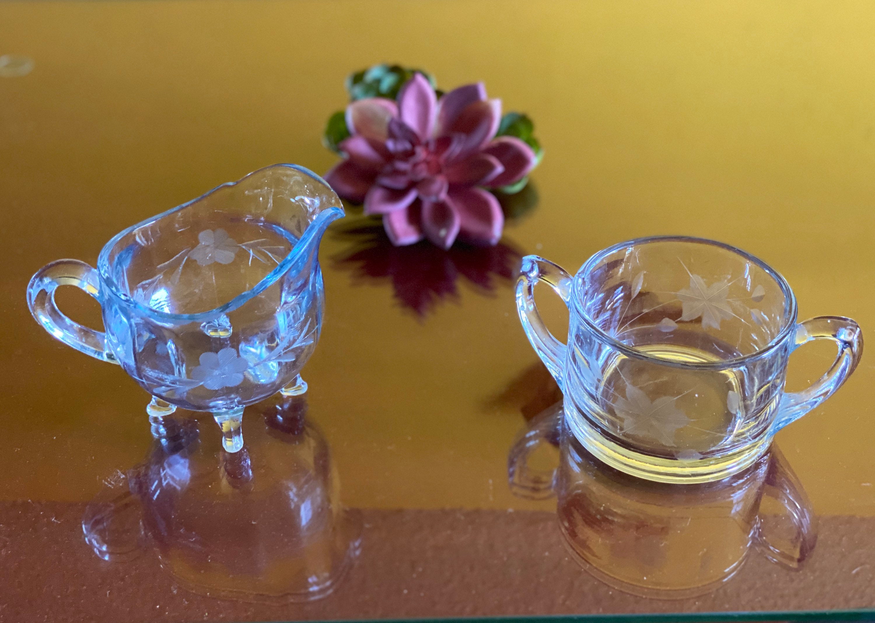 Clear Glass Footed Creamer Sugar Bowl Set Etched Frosted Etsy