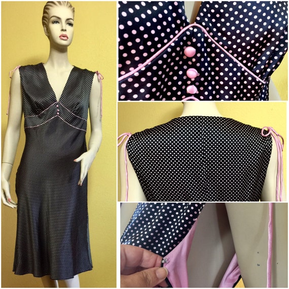 Polka Dot Silk Dress Retro Black Pink Buttoned Fi… - image 1