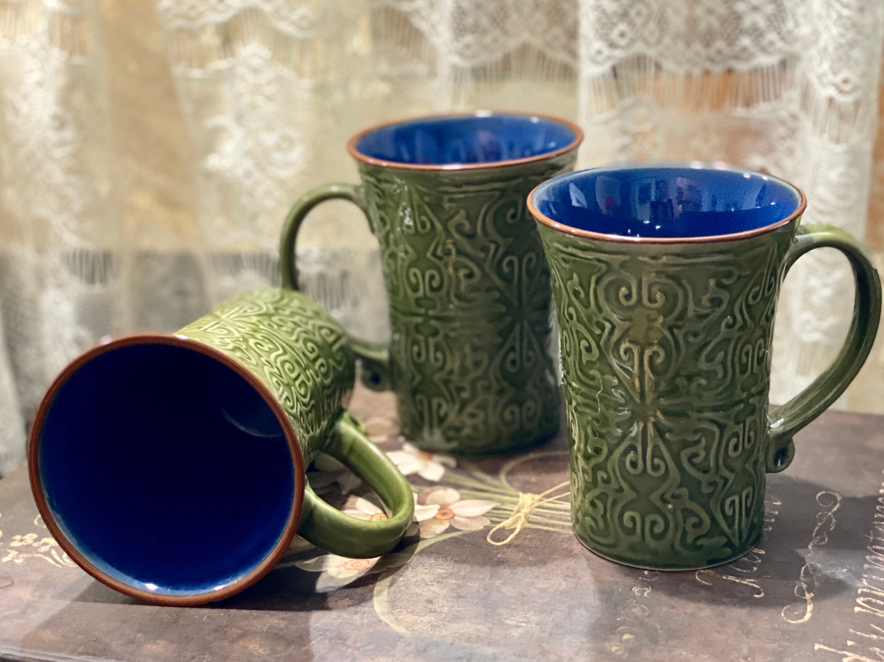 Coffee Mugs Ceramic Green Yellow Tea Cups Large Tall Ethnic Pattern Scrolled Textured Midcentury Kitchen Breakfast Gift Cottage Farmhouse