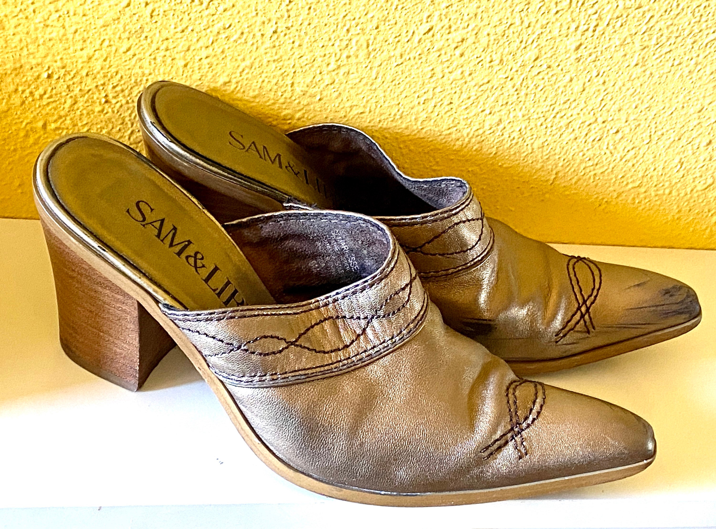 Gold Leather Heel Mules Cowboy Boots 