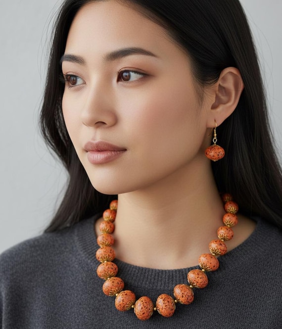 Orange Beaded Statement Necklace Sphere Earring S… - image 1