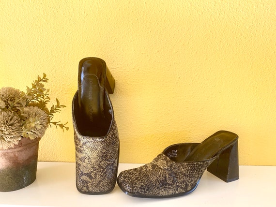 1990s Snakeskin Shoes Green Square Toe Open Back … - image 1