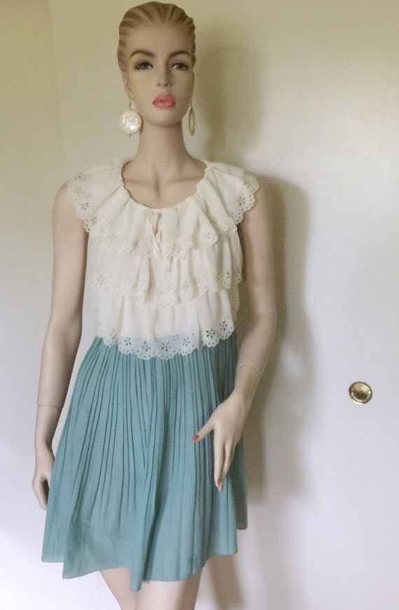 Ivory Mint Green Lace Dress Floral Ruffle Collar P