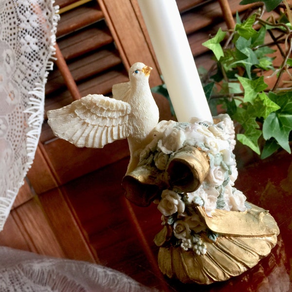 Dove Roses Candlestick Holder Wedding Decor Gold Floral Bird French Cottage Wedding Table Chic Bridal Shower Baptism Gift Bird Vanity Decor