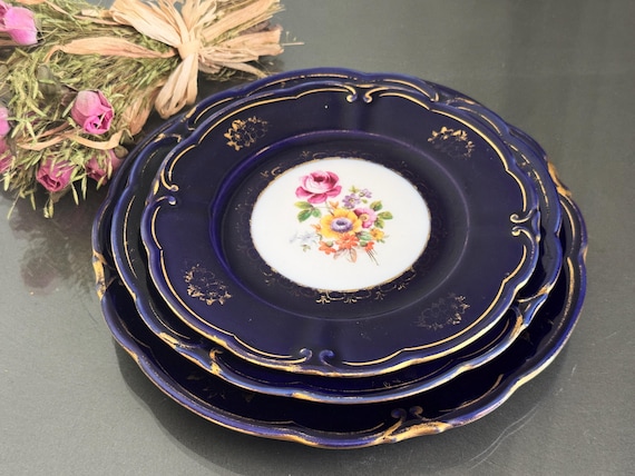 Echt Kobalt Germany Floral Plates Cobalt Blue Victorian Bouquet