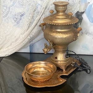 Antique Gold Brass Samovar Tray Bowl Persian Tea Serving Ancient Achaemenid Empire Art Warming Footed Repoussé Ornate Wedding Decor Rustic image 1