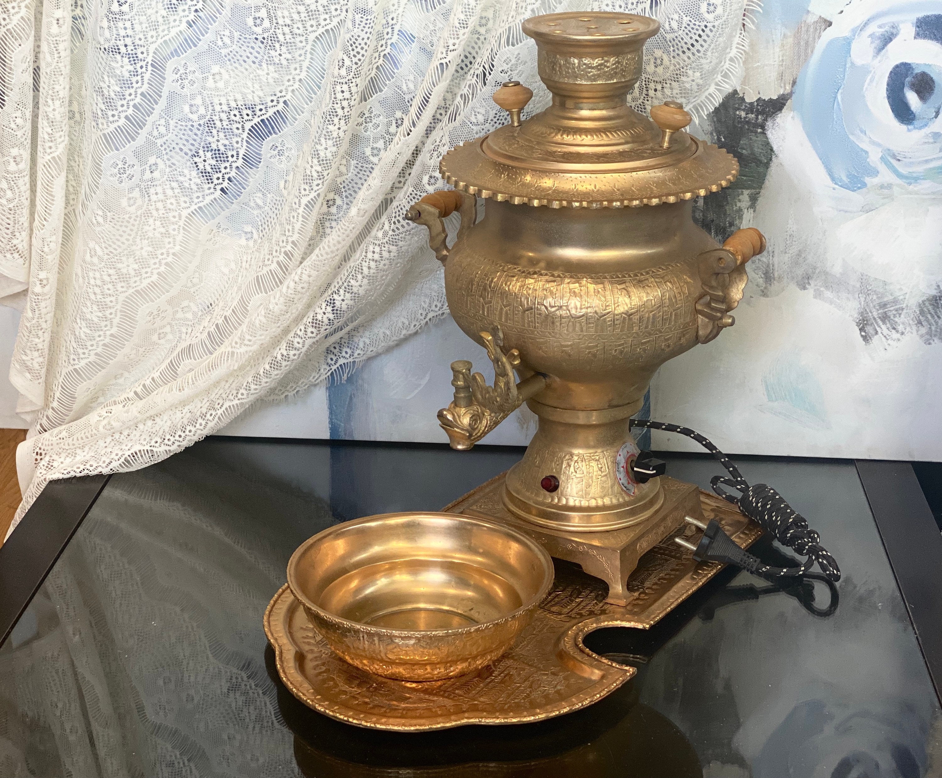 Antique Gold Brass Samovar Tray Bowl Persian Tea Serving Ancient
