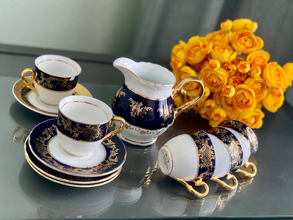 Cobalt Blue Coffee Cups Czech Porcelain Demitasse Creamer Serving