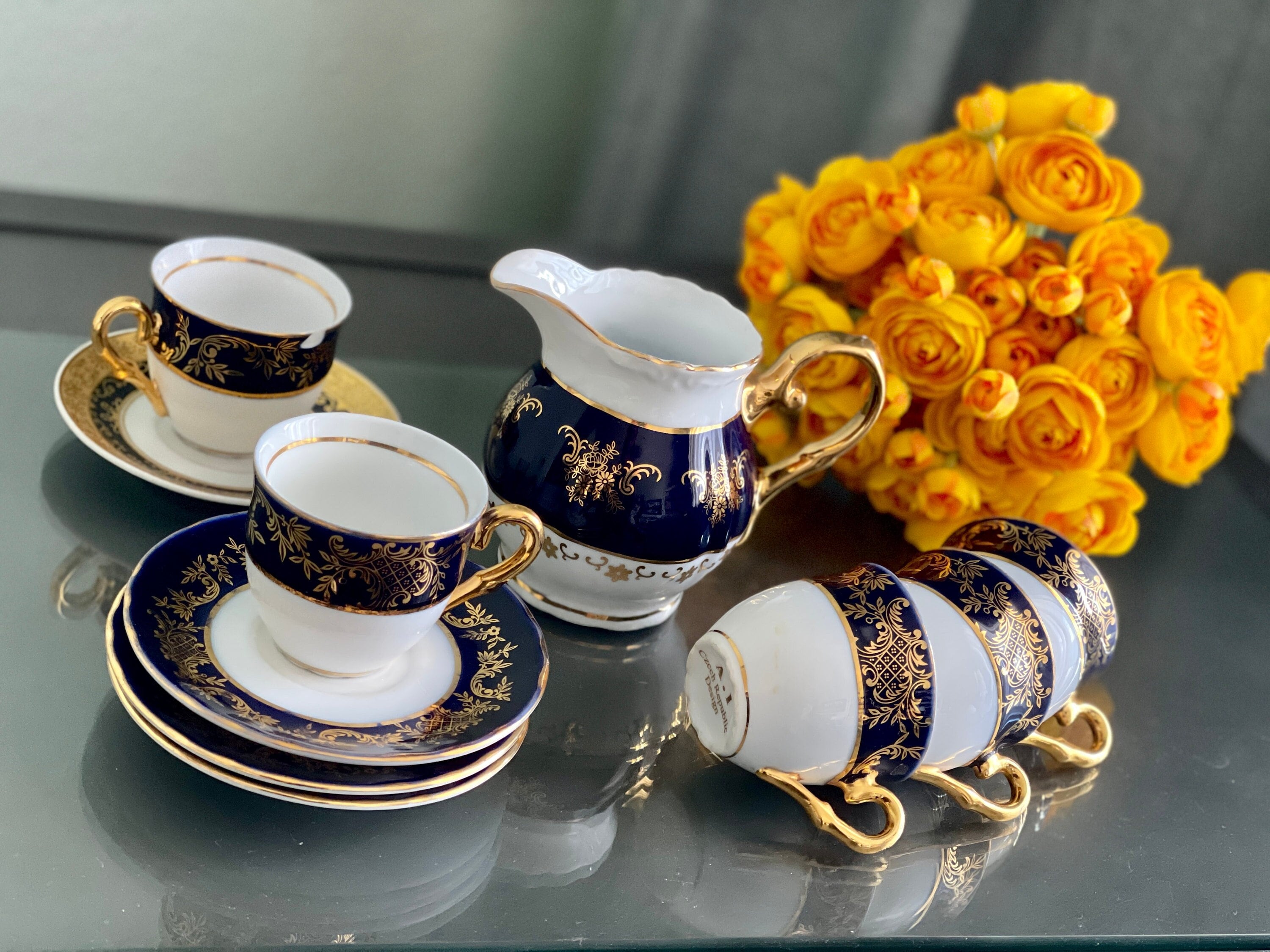 Cobalt Blue Coffee Cups Czech Porcelain Demitasse Creamer Serving