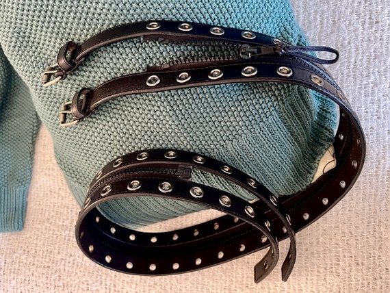 Black Studded Belt Zipper Wide 2 Layer Genuine Leather