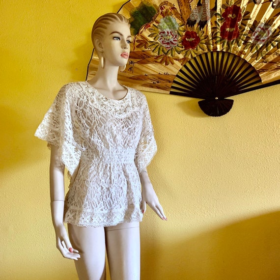 Ivory Lace Mesh Embroidered Crochet Top Loose Butt