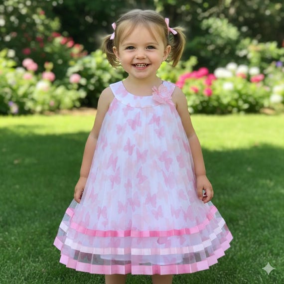 Pink Butterfly Pleated Flower Girl Dress Special Occasion Fairy Sleeveless Formal Evening Holiday 3T Birthday Organza Gown Party Wedding