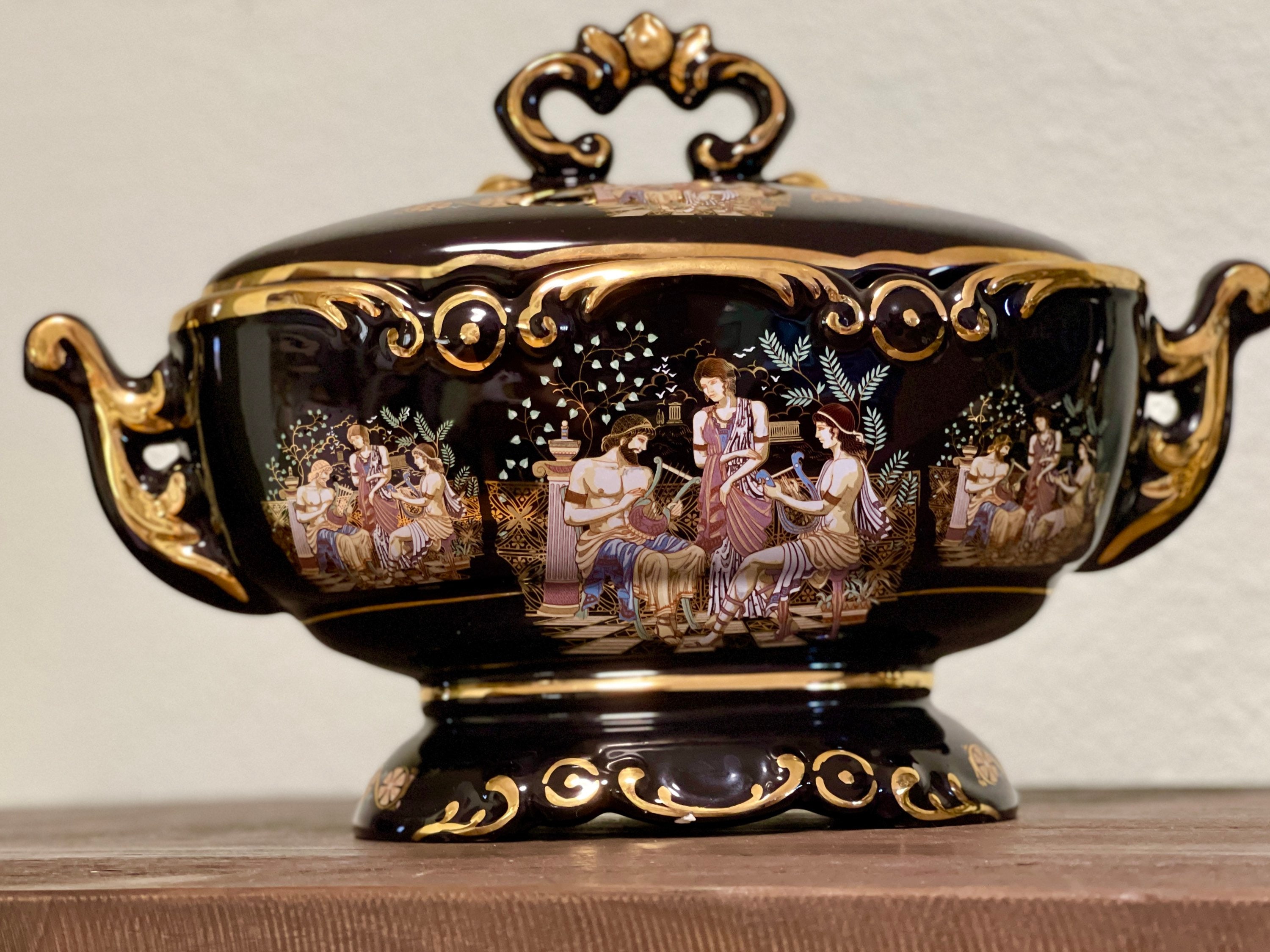 古代ギリシャの女神皿 蓋付きファキオラ 24Kゴールド 手描き