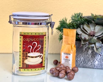 Cappuccino Kaffe Glasburk Med Lock Keramikburk Italiensk Köksbehållare Kryddförvaring Fransk Lantlig Shabby Chic 1990 Caféhylla Dekor