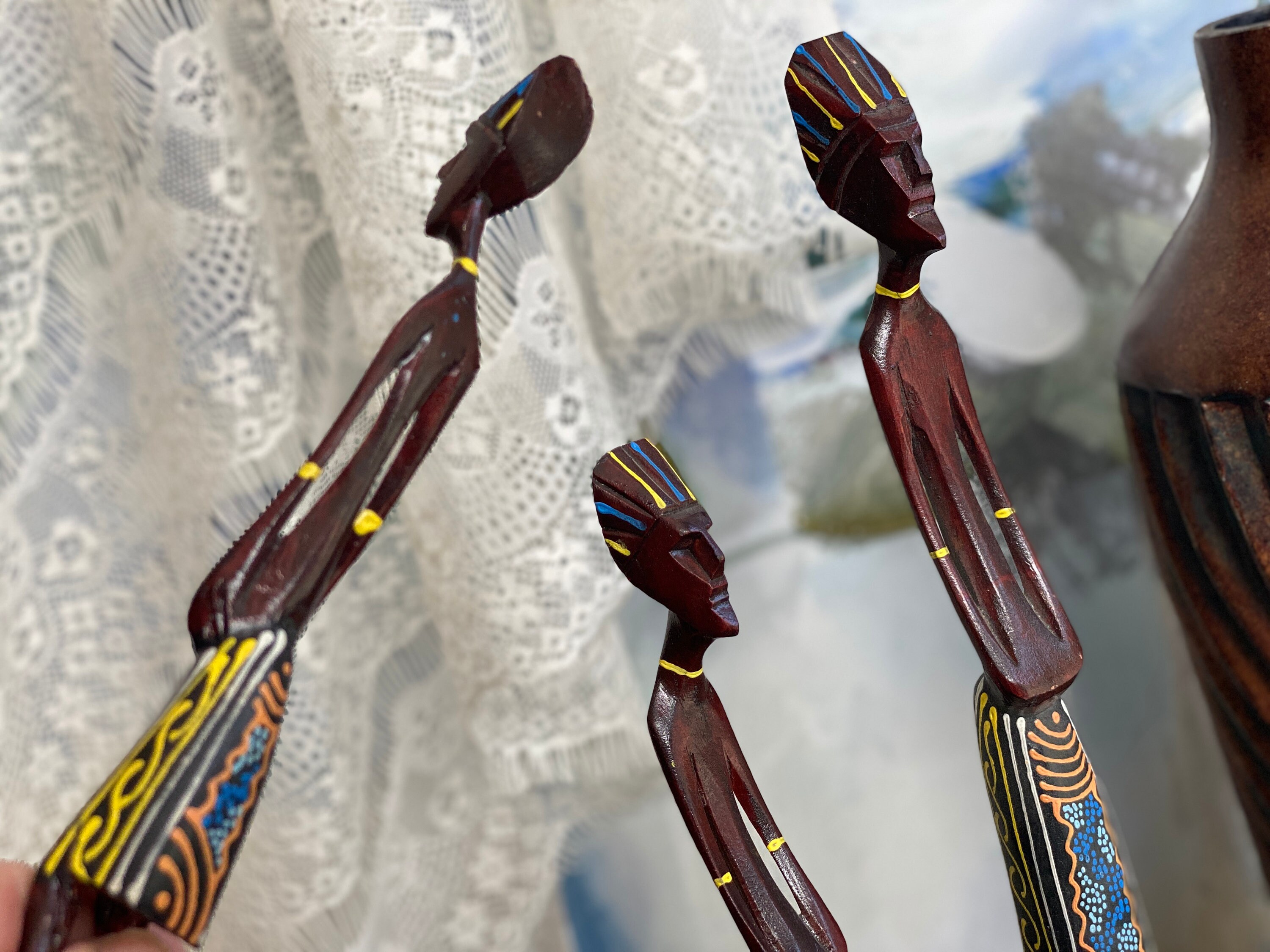 African Ritual Wooden Object African Family Tribal People Wooden Statue Set Ethnic Costume Colorful ...