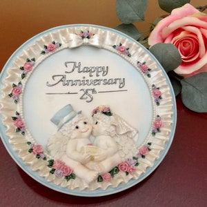 Wiktoriańskie Anioły Panna Młoda Pan Młody 3D Talerz Ślubny Srebrny 25 Rocznica Obchody Tort Fantazyjny Prezent dla Pary 1998 Odlew Art Cherub Nowość
