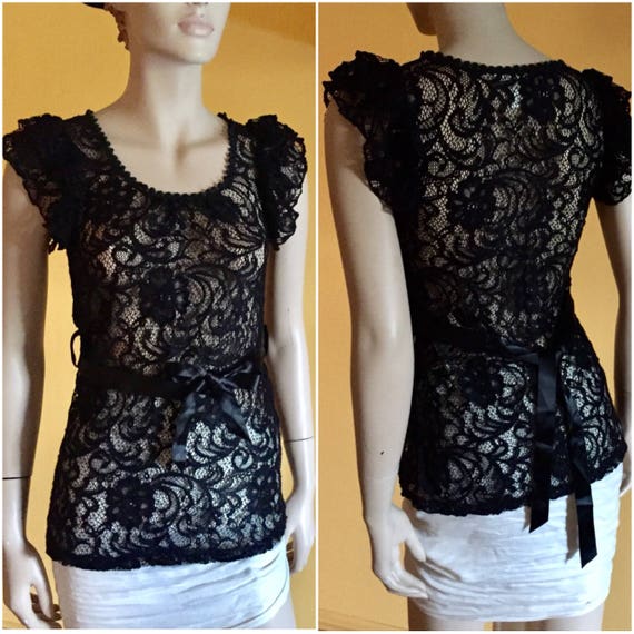 Black Lace Mesh Floral Shirt Boho Ruffled Butterf… - image 1
