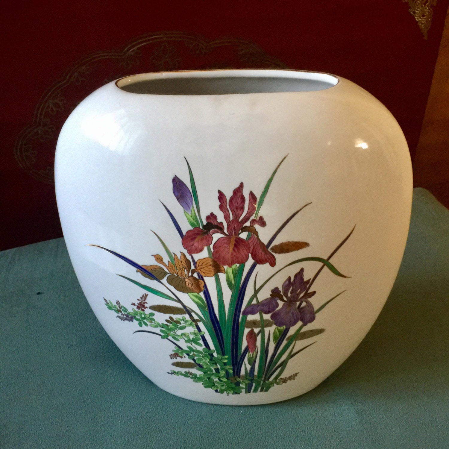 Japanese Porcelain Oval Vase Iris Floral Flat Shape Fine China