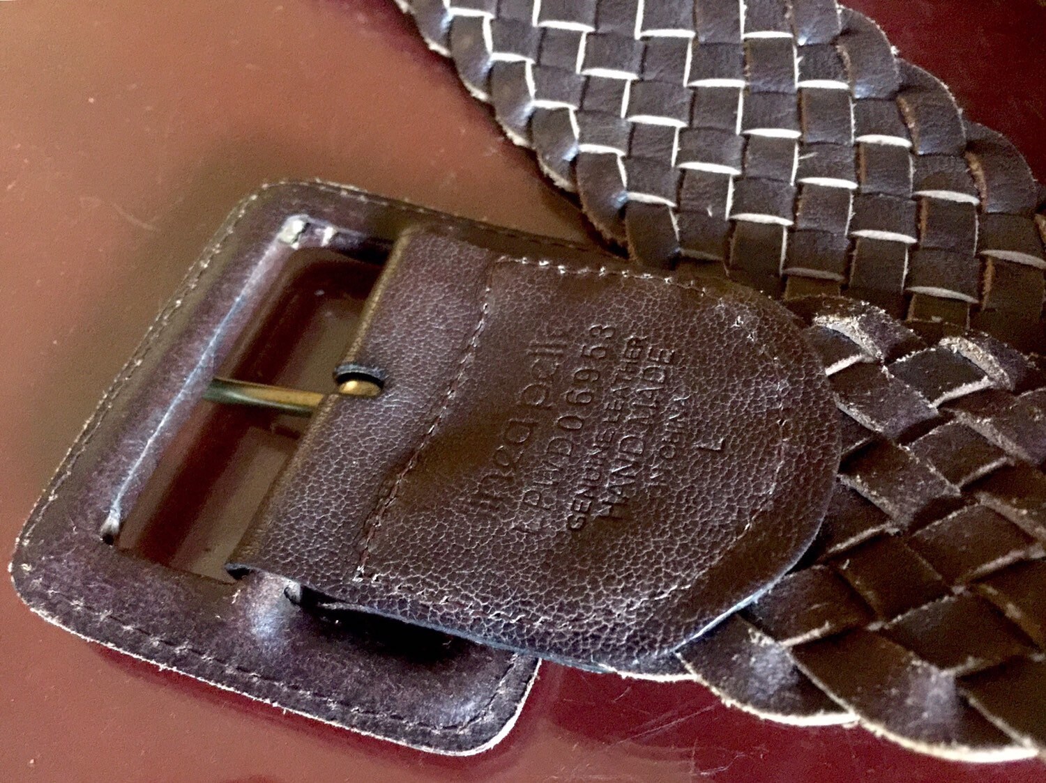 Linea Pelle Wide Woven Leather Belt - Bronze Gold Brown Linea Pelle Woven Leather Belt Brass Buckle Rings 30-33  main image 4