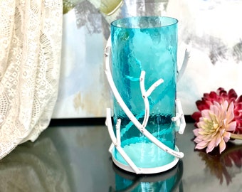 Hurricane Candleholder Metal Tree Branch Nautical Decor Blue Glass Clear Textured Vase Coastal Beach Wedding Table Centerpiece Woodland Home