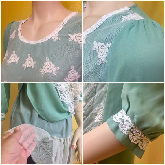 Ivory Crochet Mint Green Lace Top Rose Ruffle Tul… - image 3