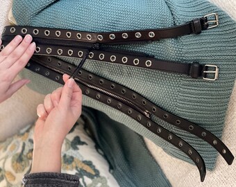 Black Studded Belt Zipper Wide 2 Layer Genuine Leather