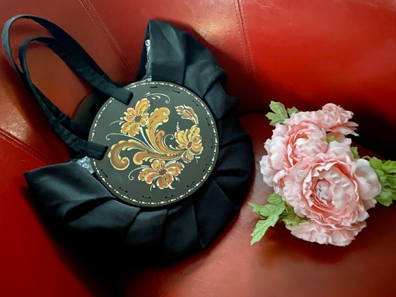 Norwegian Art Black Fabric Handbag Wooden Floral … - image 1