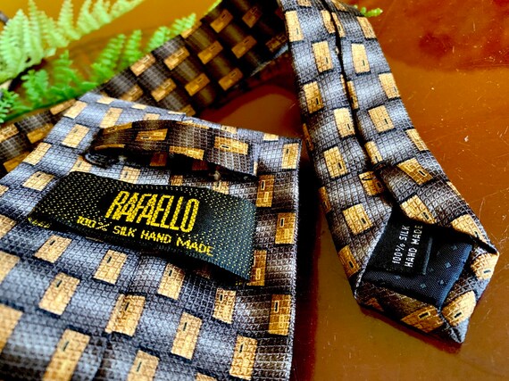 Handmade Italian Silk Men's Necktie Gold Gray Geo… - image 3