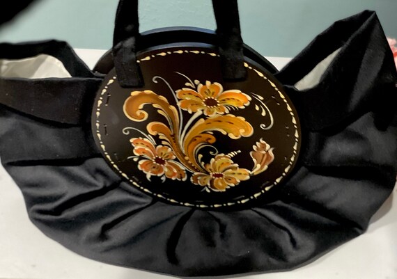 Norwegian Art Black Fabric Handbag Wooden Floral … - image 6