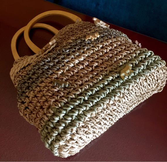 Safari Straw Purse Basket Weaved Animal Wooden Ha… - image 5