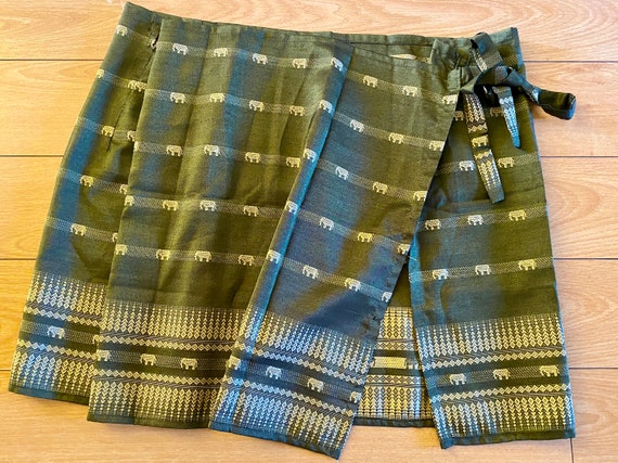 Elephant Thai Silk Mini Wrap Skirt Green Folk Indi