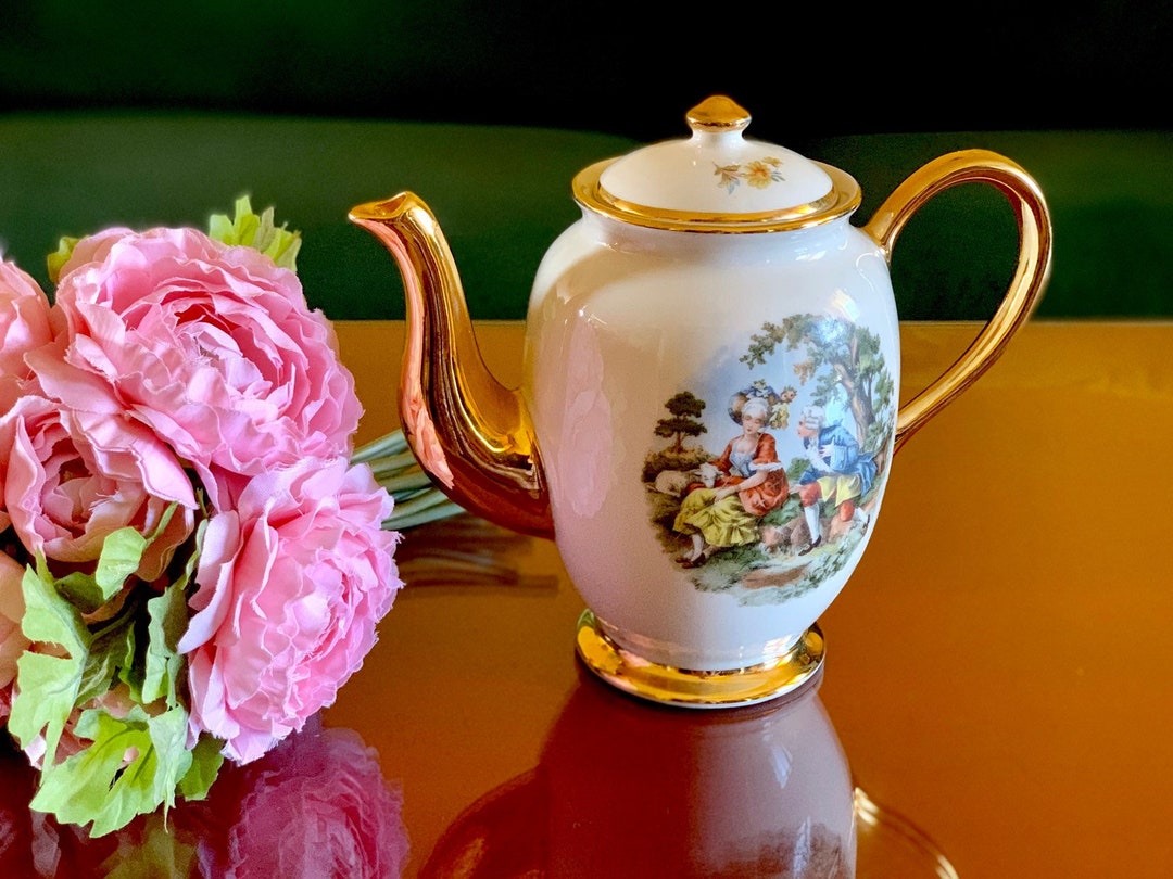 Victorian Teapot Porcelain Courting Couple Sevres Neoclassical Art Vintage Kingwood Wedding