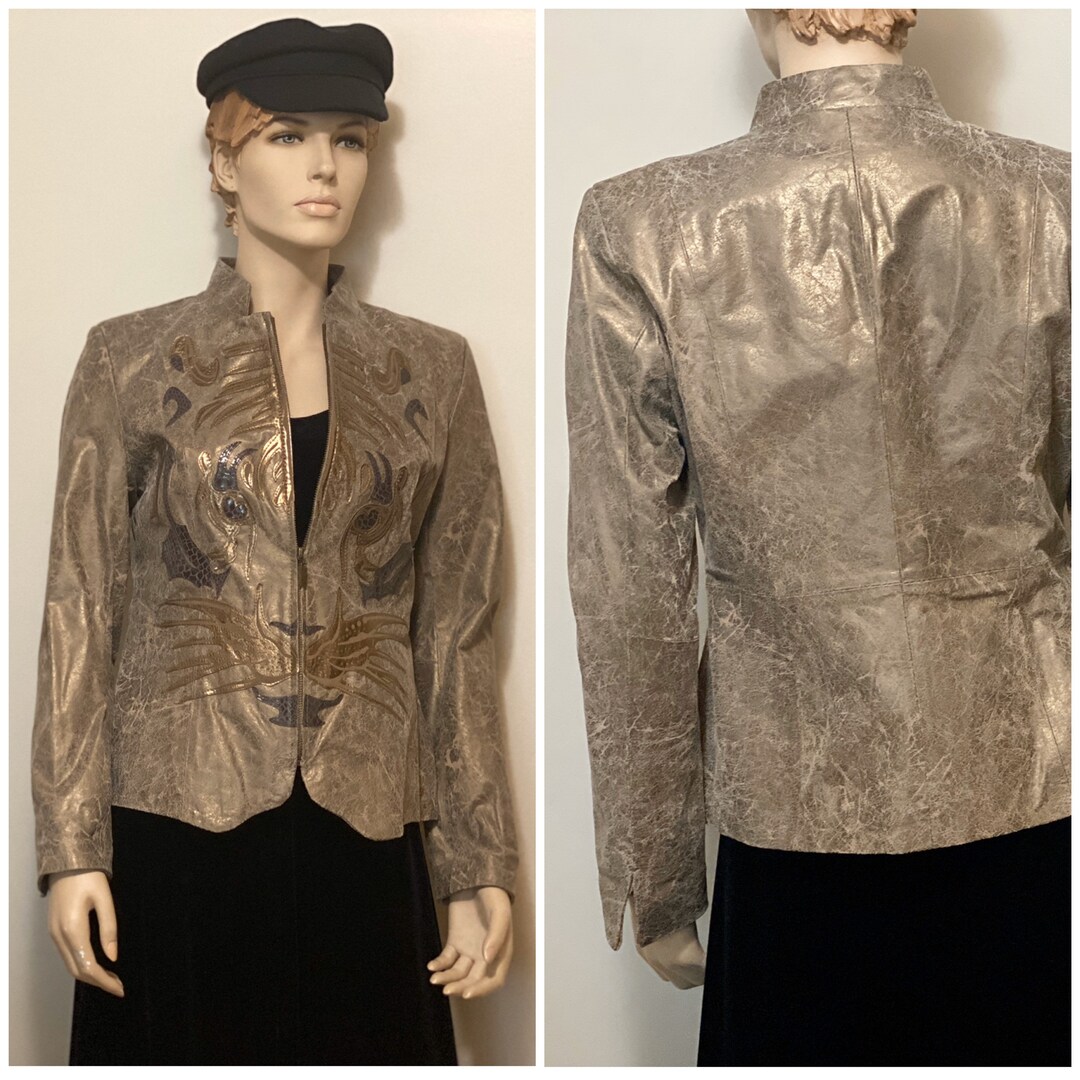 Tiger Gesicht Echte Lederjacke Rustikale Bronze Metallic Patchwork