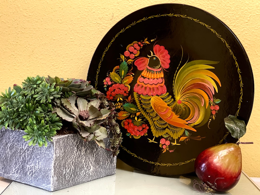 Rooster Wooden Tray Soviet Russian Plate Hand Painted Round Wall