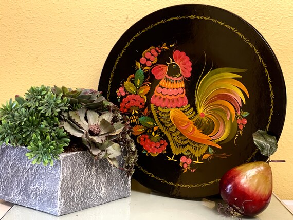 ARABIA vintage GOG アートプレート(ニワトリ/19.5cm) Rooster Wooden Tray Soviet Russian Plate Hand Painted Round Wall