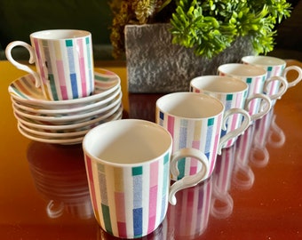 Espresso Coffee Cups Striped Ceramic Midcentury Kitchen Retro Demitasse French Breakfast Serving Pastel Rainbow 60s 1970s Art Deco Kitsch