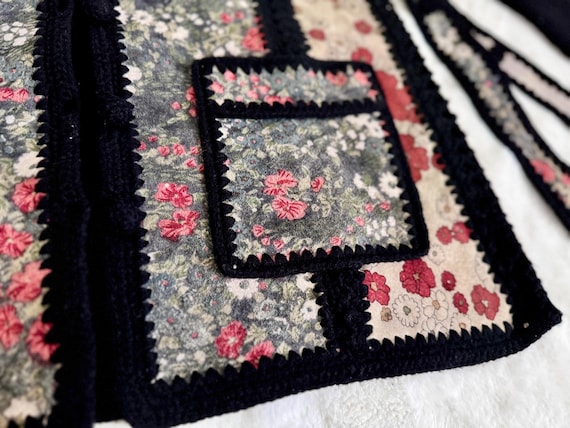 Black Knit Buttoned Jacket Patchwork Suede Floral… - image 10