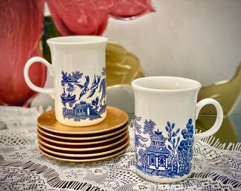 Churchill England Mugs Blue Willow Porcelain Transferware Nature Art Asian Landscape Pagoda Tea Cups Coffee Serving Bar Decor Buddhist Gift