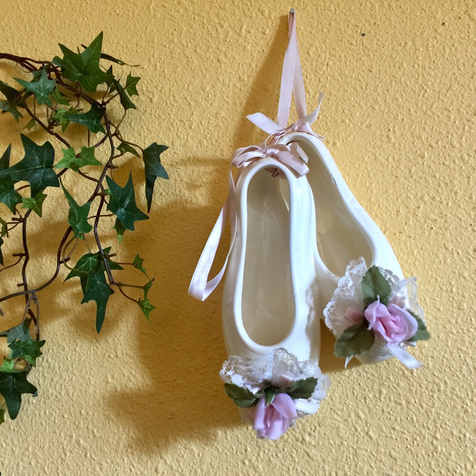 ballerina shoes ceramic rose lace victorian wall art decor ballet dance teacher gift birthday girl memorabilia pink ribbon hangi