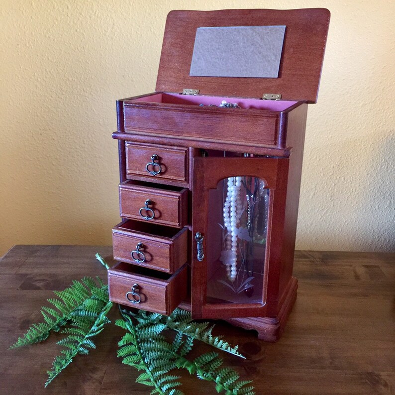Wooden Armoire Tall Jewelry Chest Glass Door Storage Box Etsy