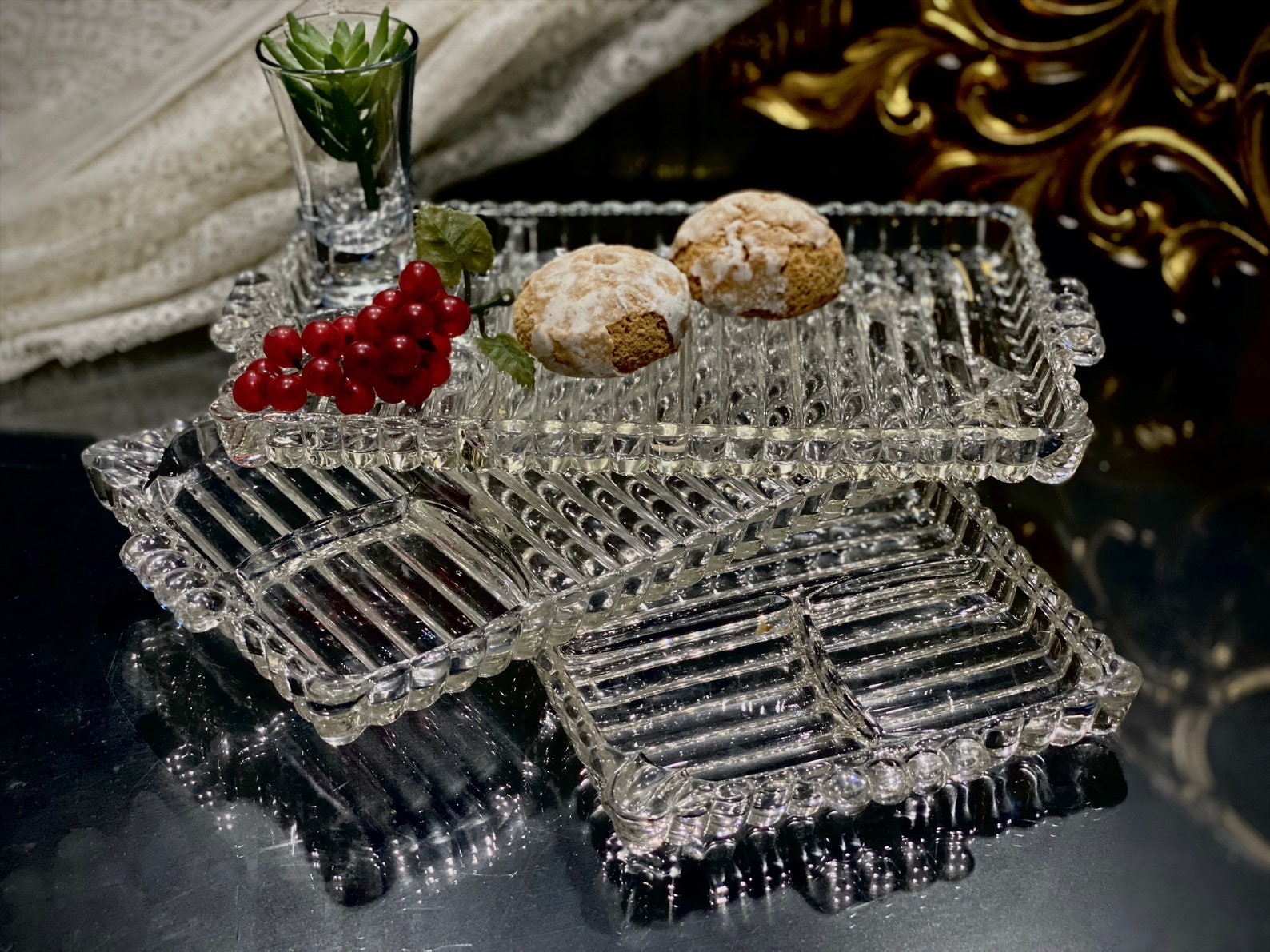 Ribbed Glass Trays Snack Serving Relish Dish Divided Cheese Etsy