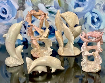 School of Fish Statue Stone Nautical Art Dolphin Handmade Cabin Beach House Coastal Bookends Wedding Decor Kenya African Soapstone Figurines